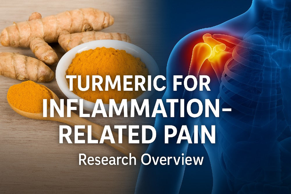 Turmeric inflammation-driven discomfort research overview with turmeric powder, roots, capsules, and an anatomical illustration highlighting localized inflammation