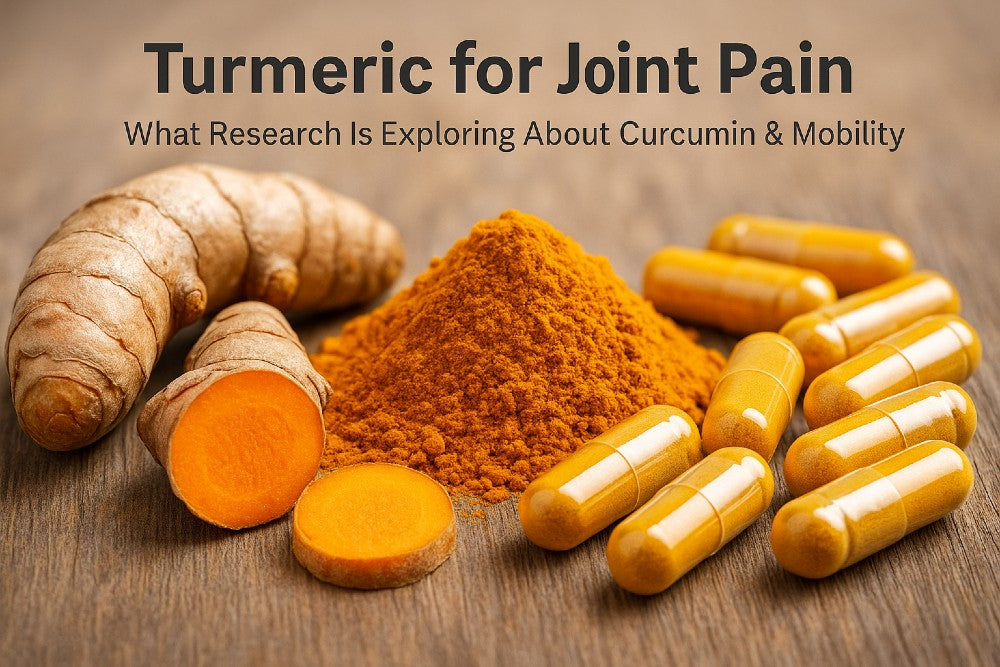 Turmeric root, powder, and curcumin capsules displayed to illustrate turmeric’s potential role in supporting joint comfort and mobility.