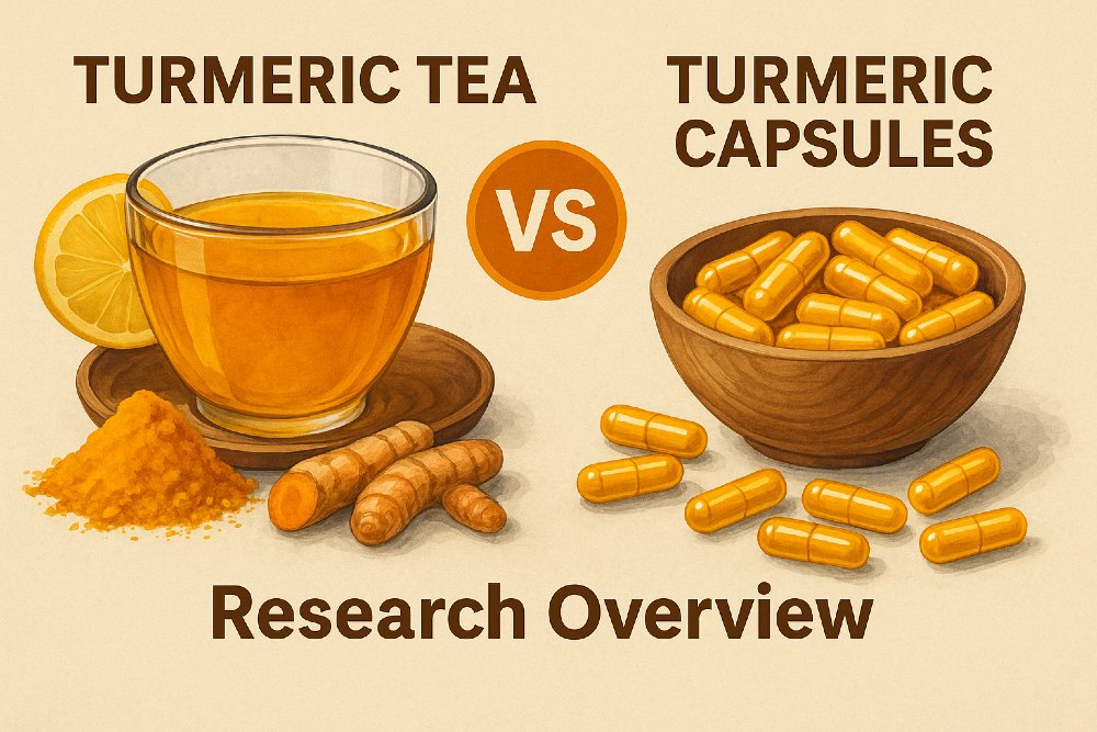 Turmeric tea vs capsules research overview featuring a cup of turmeric tea with lemon, a wooden bowl of turmeric capsules, turmeric powder, and fresh turmeric roots.