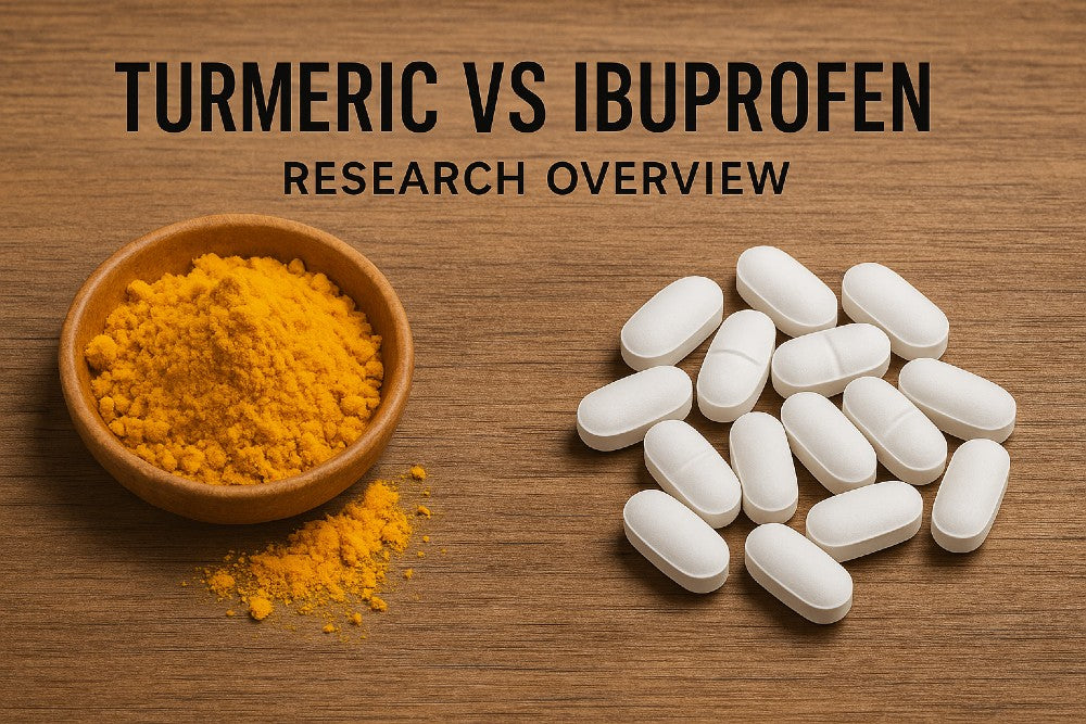 turmeric powder and ibuprofen tablets side by side on a wooden table