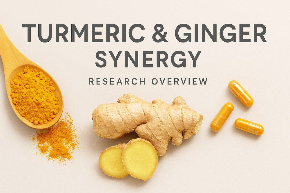 Turmeric and ginger synergy research overview featuring fresh ginger, turmeric powder in a wooden spoon, and turmeric capsules on a clean background