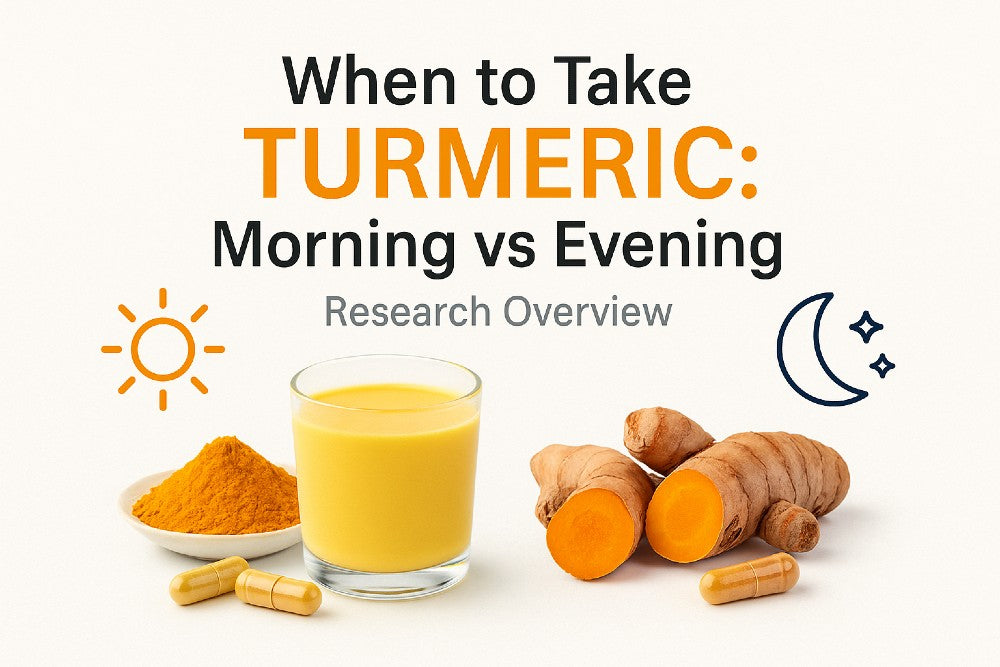 When to take turmeric morning vs evening research overview featuring turmeric powder, golden milk, turmeric roots, capsules, and sun and moon icons.