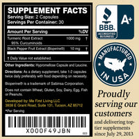 A supplement facts label with a black background and white text, showing serving size 2 capsules, 30 per container, and listed ingredients including Turmeric Root Extract and Black Pepper Fruit Extract (Biopiperø). The right side includes a BBB Accredited Business A+ logo, a blue 'Manufactured in USA' seal with a U.