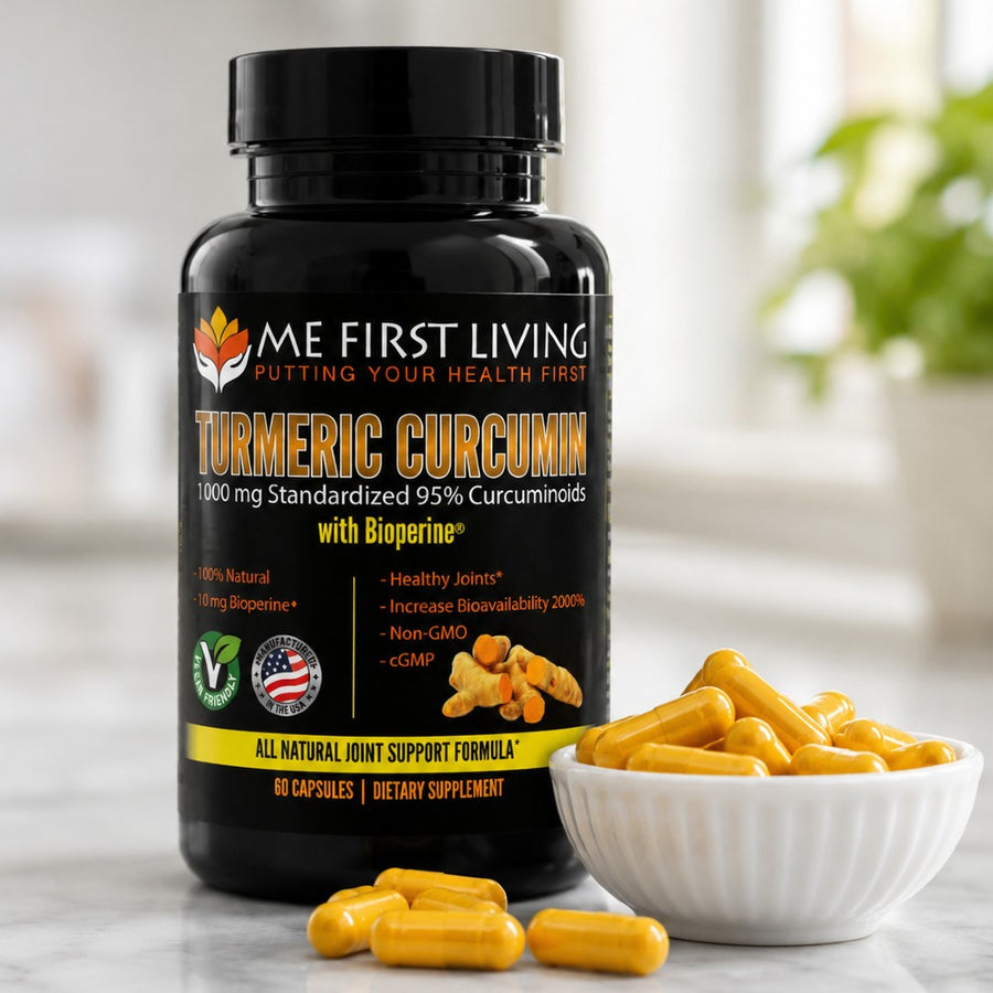 Supplement bottle labeled 'Turmeric Curcumin' with capsules on a blurred background